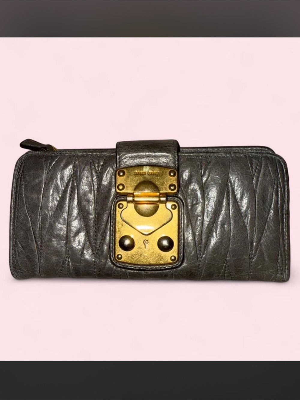 Miu Miu Distressed Quilted Grey Leather Wallet with Gold Hardware